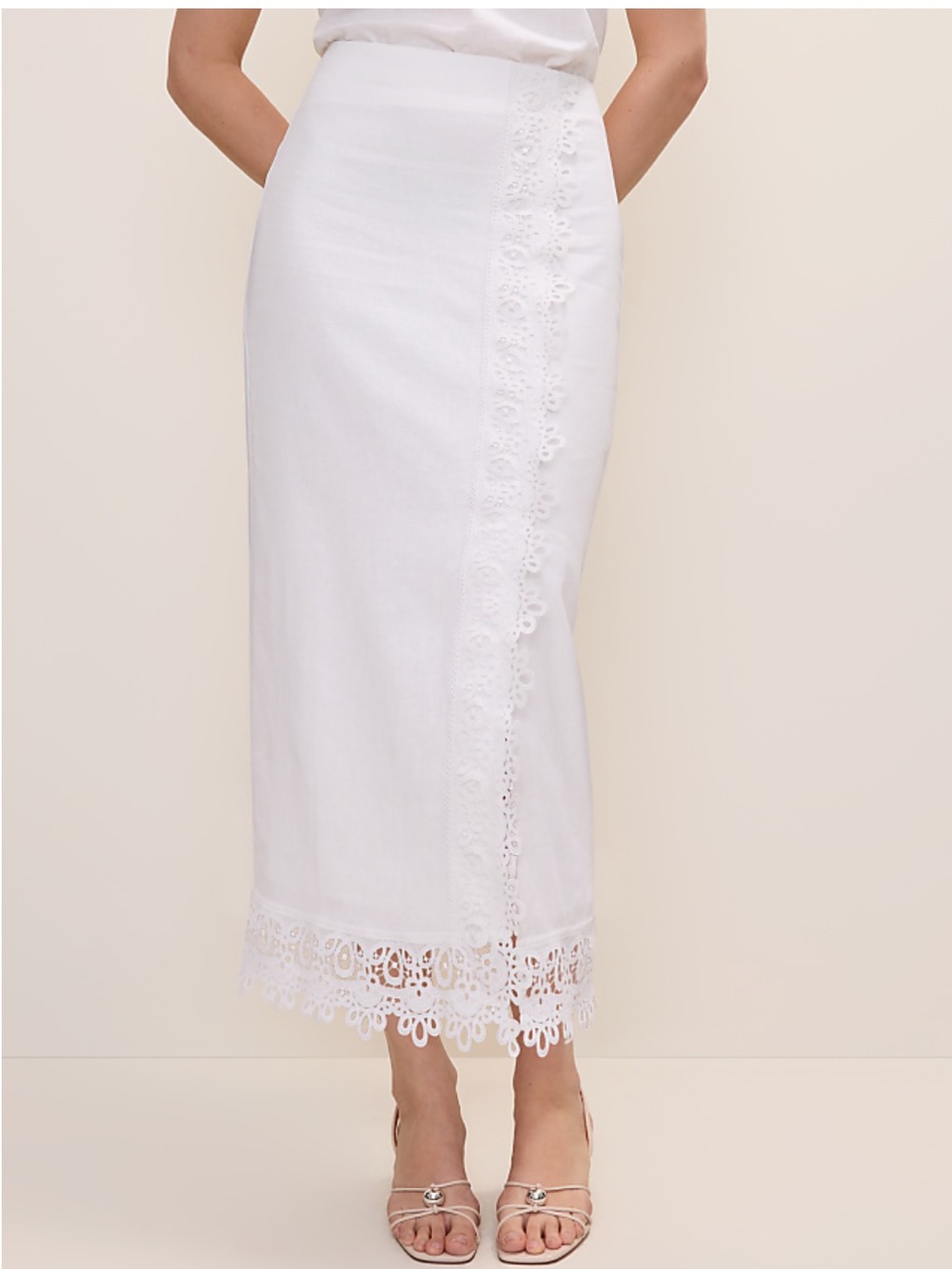Ann Taylor White Lace-Trim Pencil Skirt